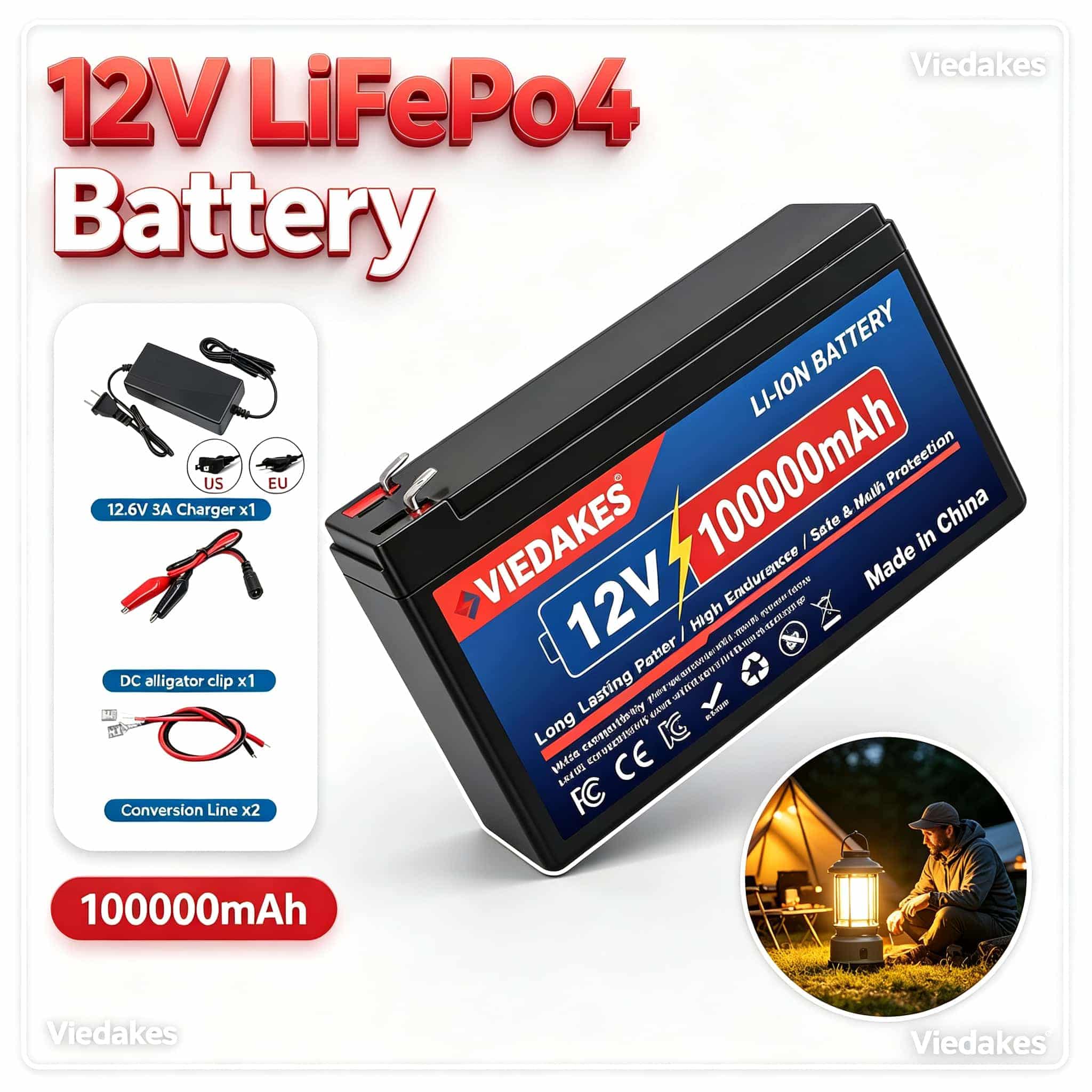 Outdoor Power Pack - VIEDAKES 12V LiFePO4 oplaadbare batterij, 100000mAh